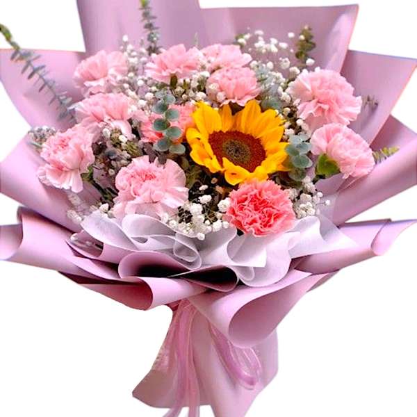 Pink carnation and sunflower bouquet wrapped in lavender paper