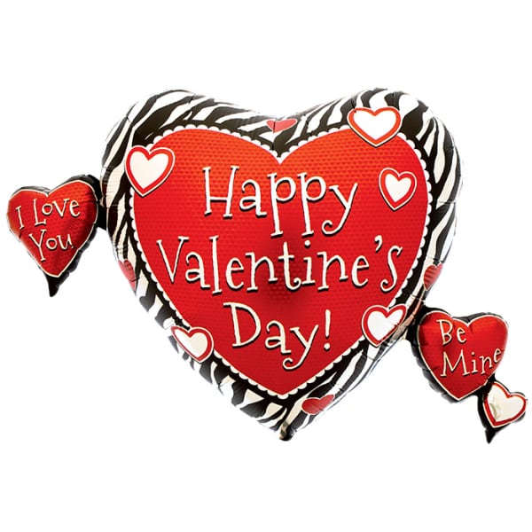 Heart-shaped Valentine’s Day balloons with red and zebra-print designs