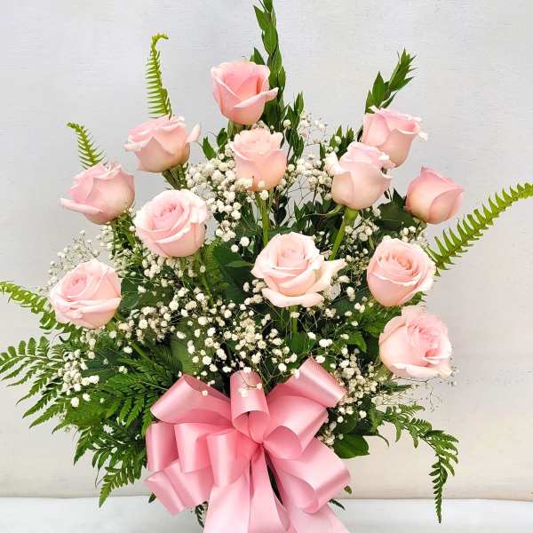 Premium Pink Roses - One Dozen PINK Roses with Babies Breath and Bow