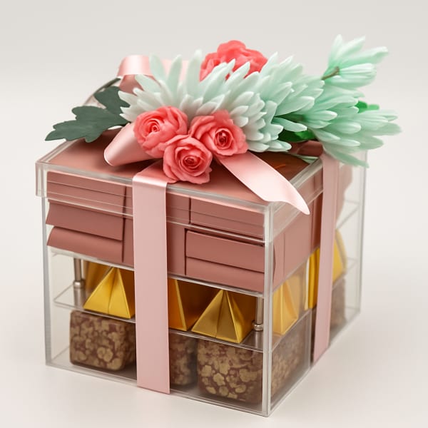 Gift box topped with pink and mint artificial flowers and a ribbon