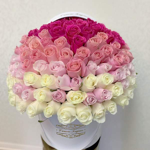 Large ombre arrangement of pink and white roses tightly packed in a white hat box