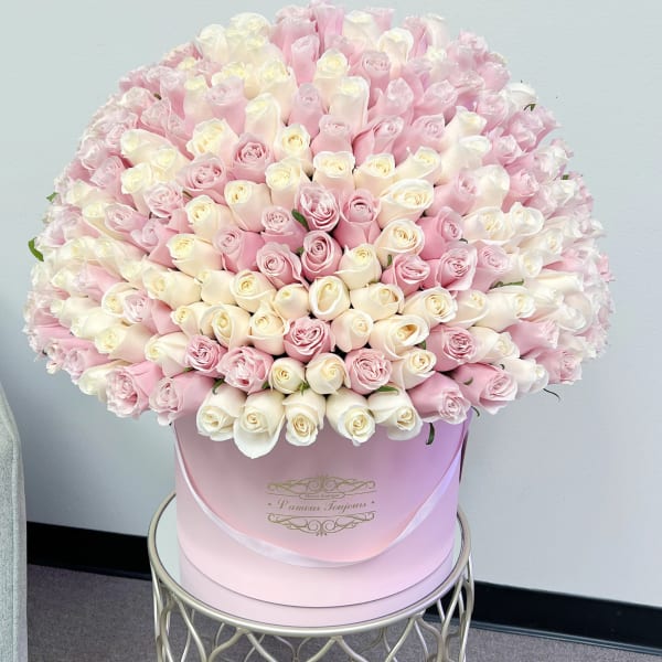 200 White and Light Pink Roses Signature Box