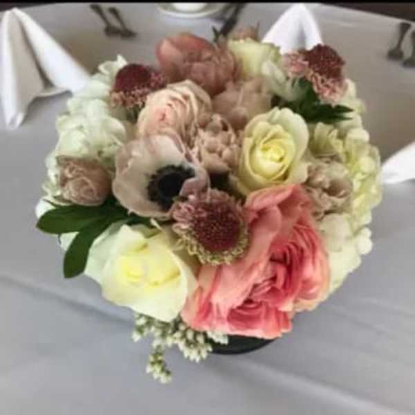 Round bouquet of pale pink, cream, and yellow flowers