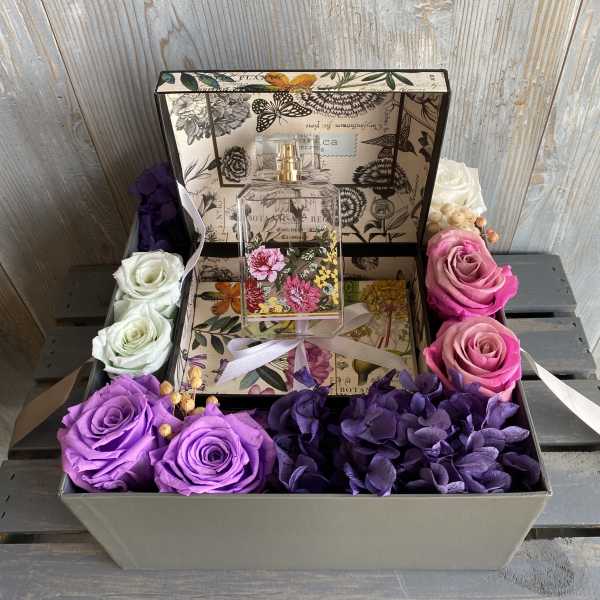 Gift box with roses, hydrangea, and a perfume bottle