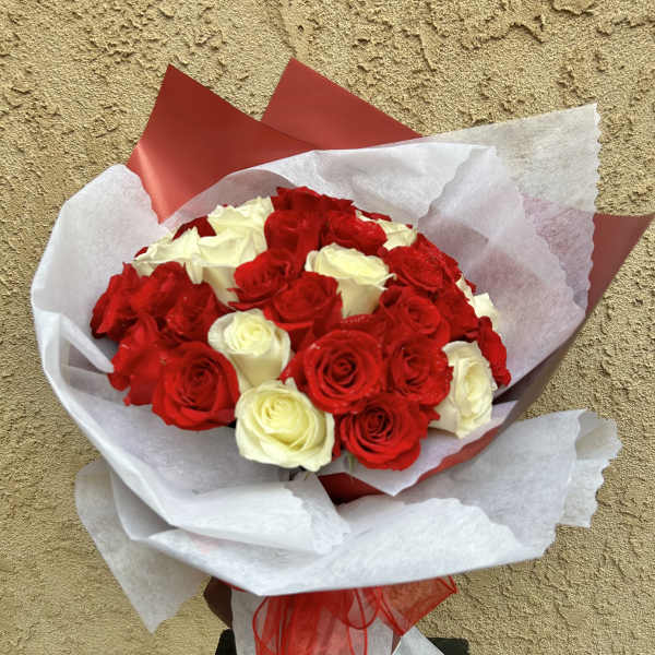 Bouquet of red and white roses wrapped in white paper with a red ribbon