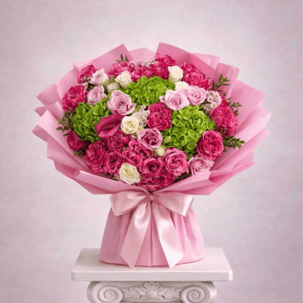Pink and white rose bouquet with green hydrangeas in pink wrap