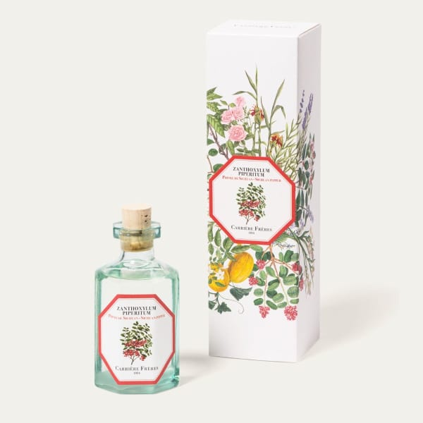 Perfume bottle beside a floral-patterned box