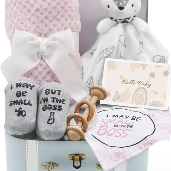 Baby gift basket with a pink blanket, plush fox, socks, and a card