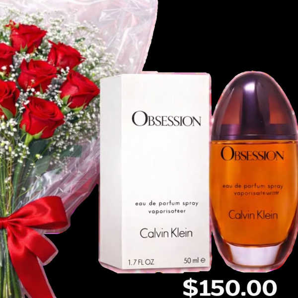 Bouquet of red roses wrapped in clear plastic beside a Calvin Klein Obsession perfume box and bottle