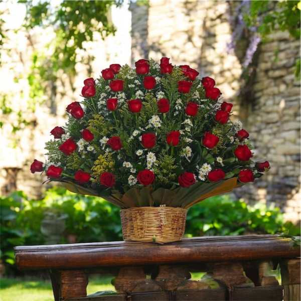 Basket arrangement of red roses with small white filler flowers