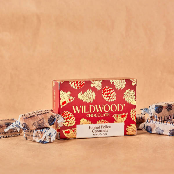 Box of Wildwood chocolate fennel pollen caramels with wrapped candies