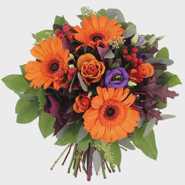Bouquet of orange gerbera daisies and roses with purple blooms