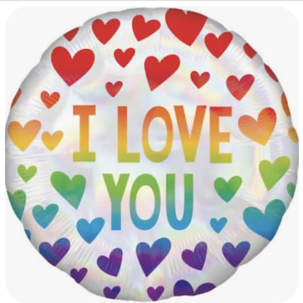 Round foil balloon with hearts and the words I LOVE YOU