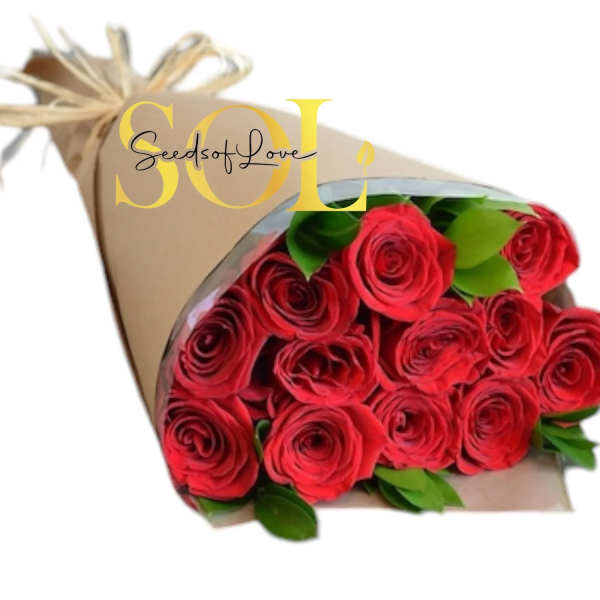 Bouquet of red roses wrapped in tan paper