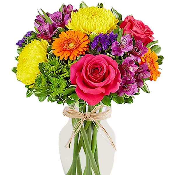 Mixed bouquet of roses, gerbera daisies, and alstroemeria in a glass vase