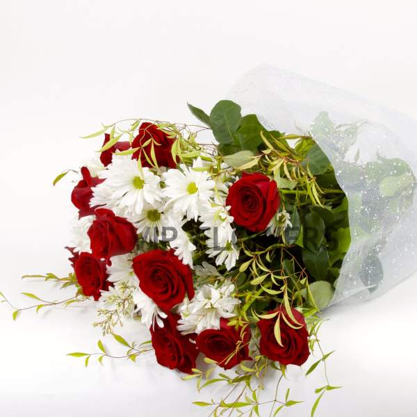 Bouquet of red roses and white daisies wrapped in white mesh