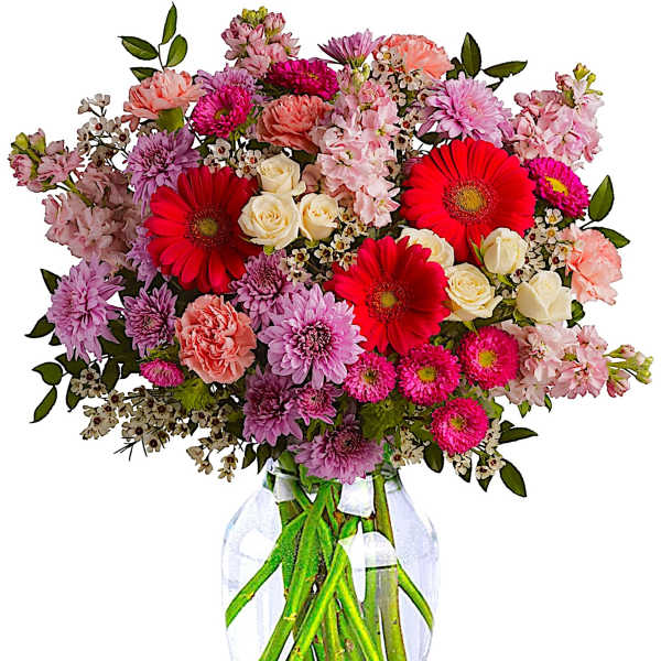 Mixed pink and red flowers in a clear glass vase