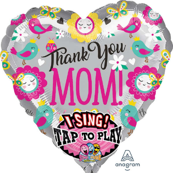 Heart-shaped foil balloon with "Thank You MOM!" text and colorful birds