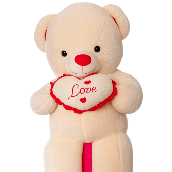 Cream teddy bear holding a heart with the word Love