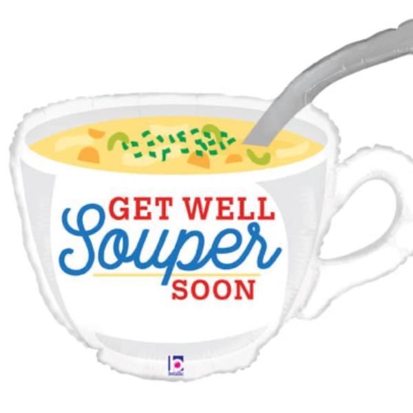 Cup-shaped get well soon balloon with soup and spoon design