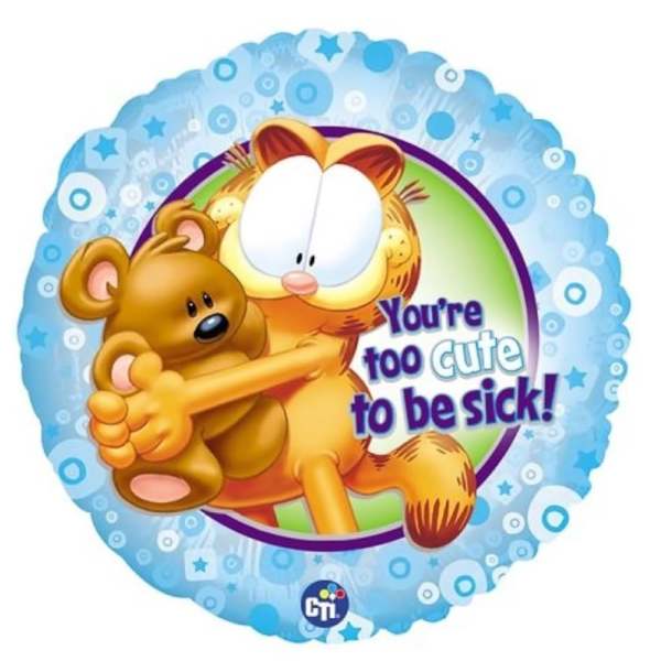 Round blue balloon with Garfield hugging a teddy bear and text