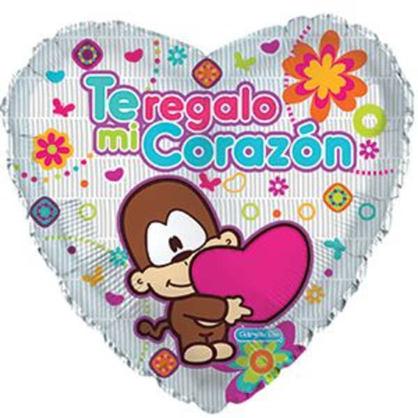 Heart-shaped balloon with a cartoon monkey holding a pink heart and Spanish text