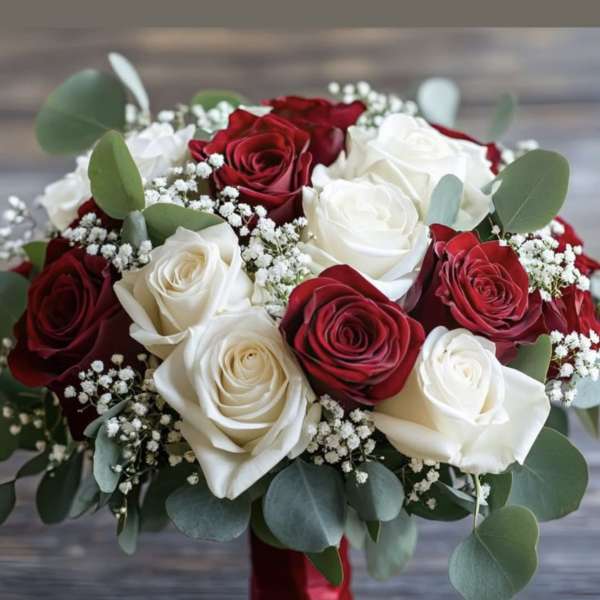 Bouquet of red and white roses with baby's breath and eucalyptus