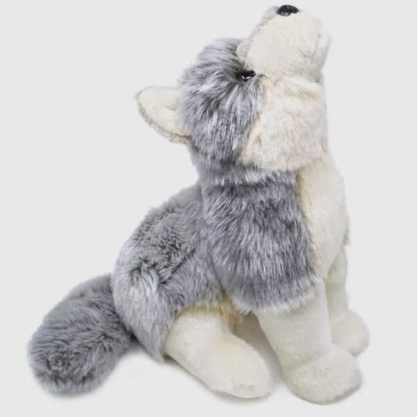 Plush gray and white husky stuffed animal sitting upright