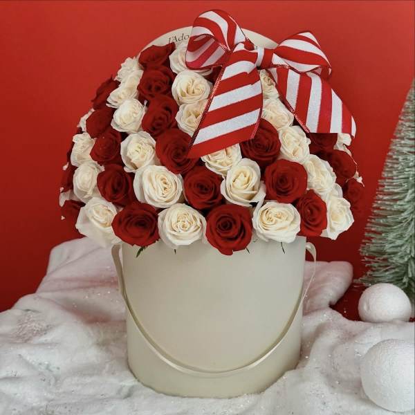 Red and white roses in a white hatbox with a striped ribbon