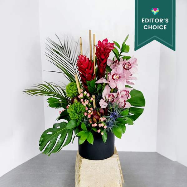 Tropical arrangement with pink orchids and red ginger in a black pot
