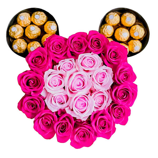 Heart-shaped rose arrangement with two chocolate boxes at the top