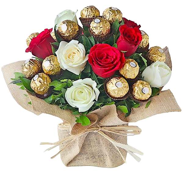 Bouquet of red and white roses with gold-wrapped chocolates in burlap