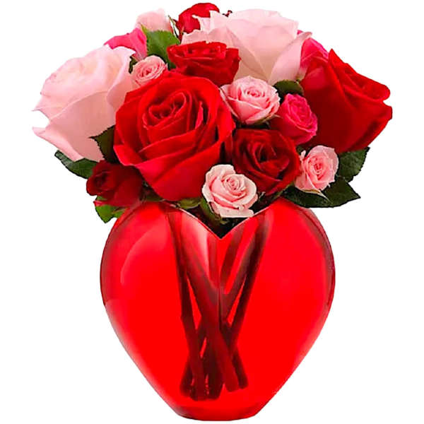 Red and pink roses arranged in a red heart-shaped vase