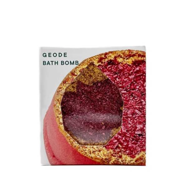 Boxed geode bath bomb with a red crystal-like design
