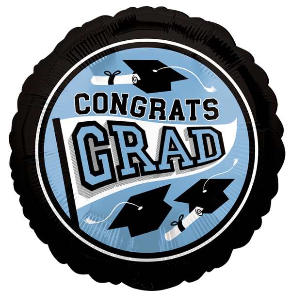 Black graduation balloon with "Congrats Grad" text and cap icons