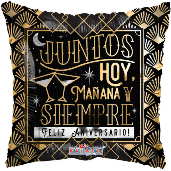 Black and gold anniversary balloon with Spanish text