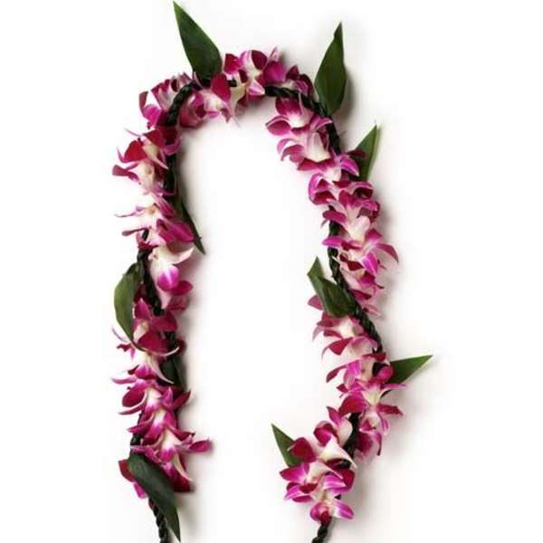 Pink orchid lei with green leaves on a white background
