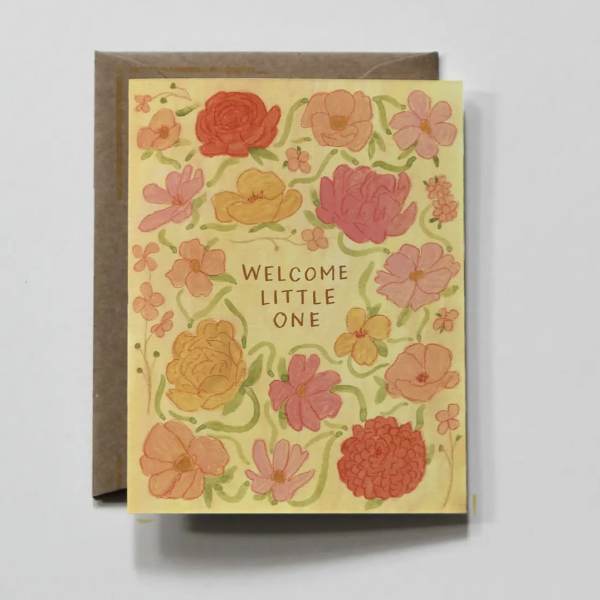 Floral greeting card reading "Welcome Little One"