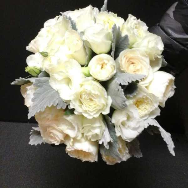 Bouquet of white roses with gray foliage on a dark background
