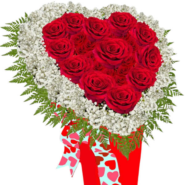 Heart-shaped red rose arrangement with white baby's breath in a gift box