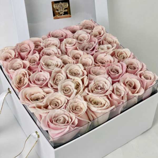 Box of pale pink roses in a white gift box