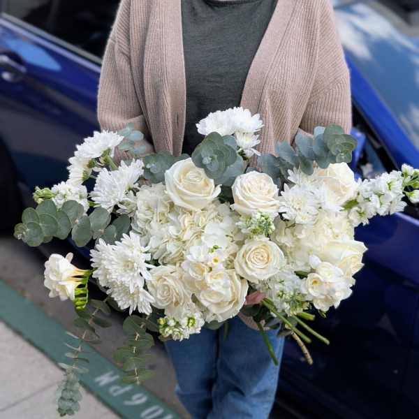 White rose and chrysanthemum bouquet with eucalyptus