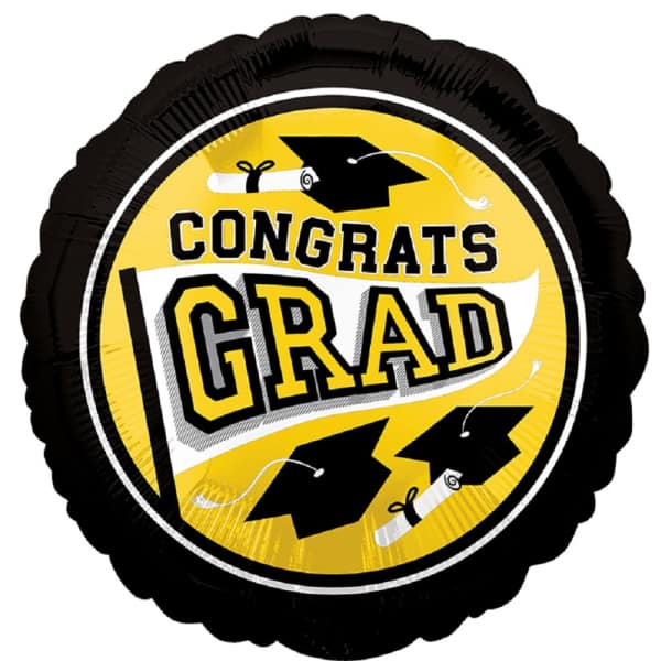 Round black and yellow graduation balloon with "Congrats Grad" text