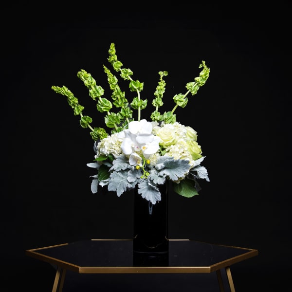 White orchids and pale hydrangeas in a black vase with tall green spikes