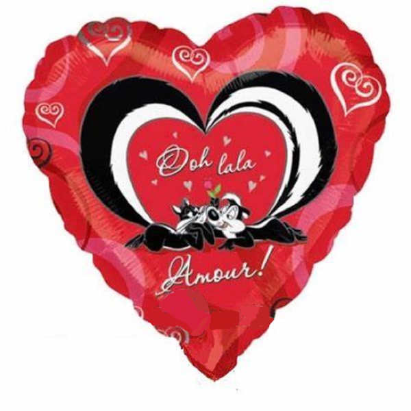 Heart-shaped red foil balloon with love text and black-and-white swirls