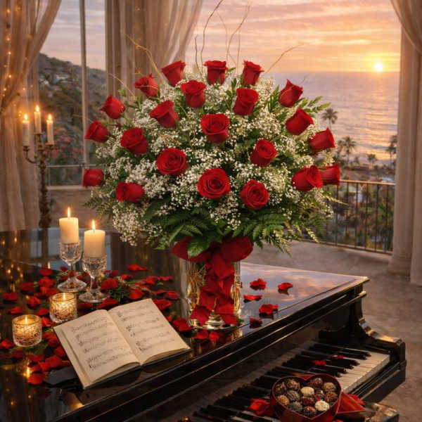 Large bouquet of red roses in a glass vase on a piano with candles and rose petals.