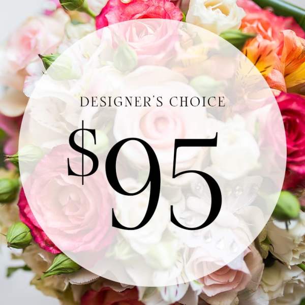 Mixed pink, white, and orange flower bouquet with a $95 designer's choice label