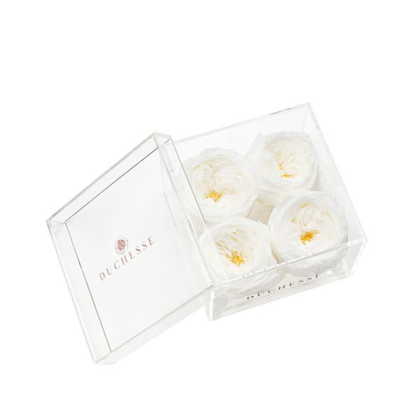 Clear box with four white flowers inside