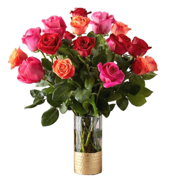 Bouquet of multicolored roses in a clear glass vase