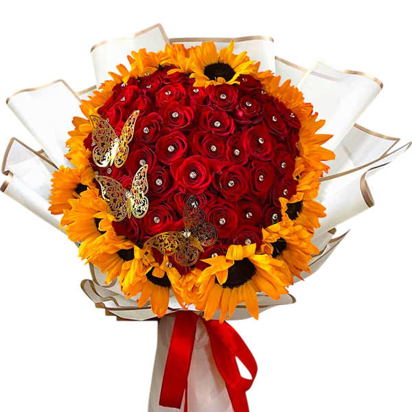 Bouquet of red roses and yellow sunflowers with a red ribbon